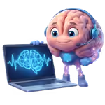 Link the Cartoon brain character wearing headphones looking at a laptop displaying a glowing brain and heartbeat line.