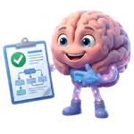 Cartoon brain character, Link,  smiling and holding a clipboard with a green checkmark and flowchart.