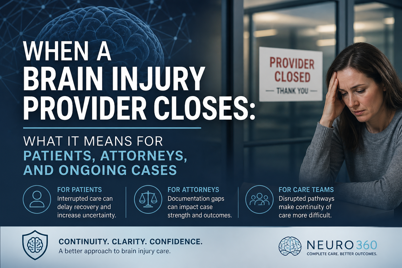 Professional healthcare graphic illustrating the impact of a brain injury provider closing, highlighting effects on patients, attorneys, and care teams, with emphasis on continuity of care and documentation.