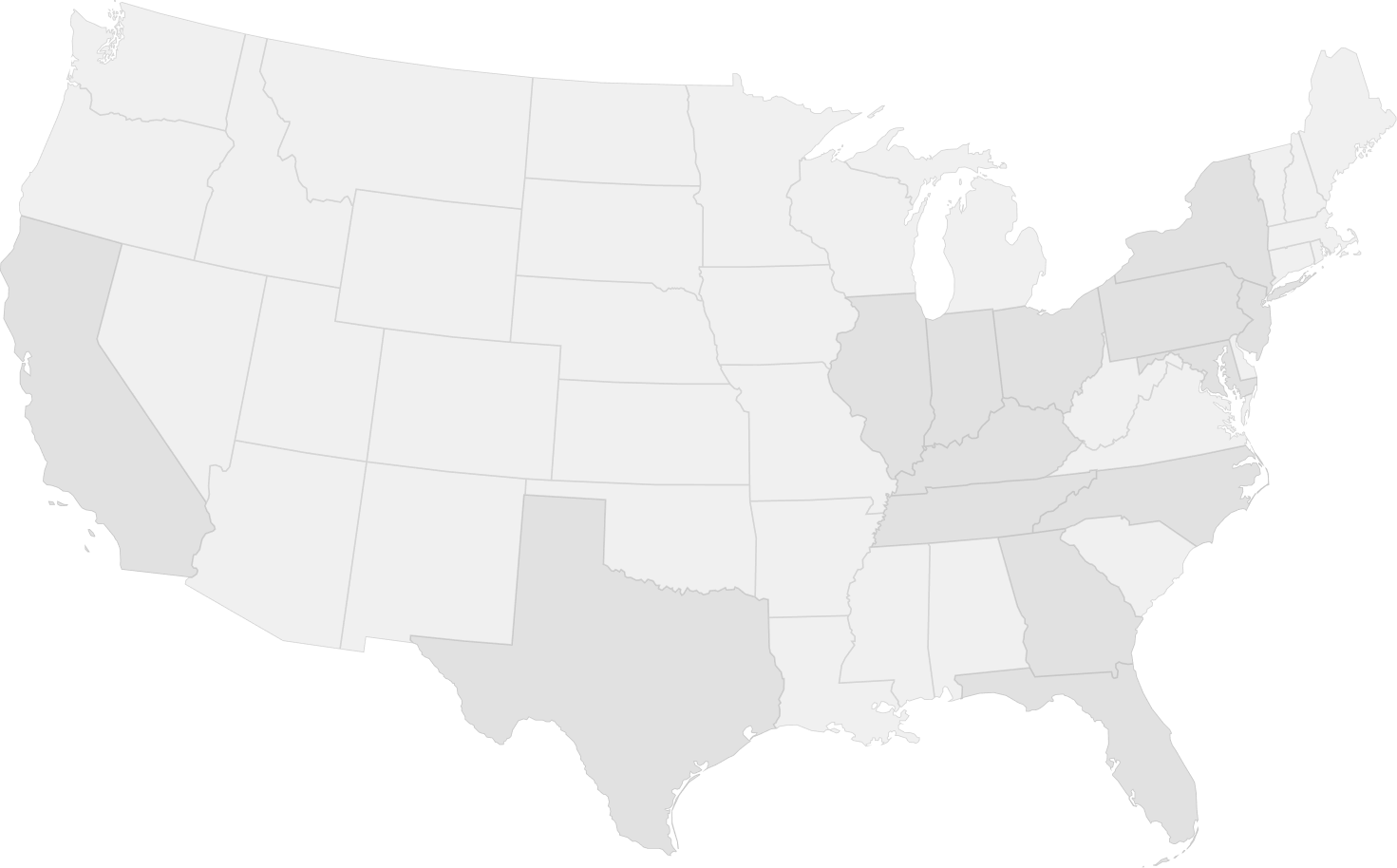 Blank map of the United States showing state borders with some states shaded in light gray.