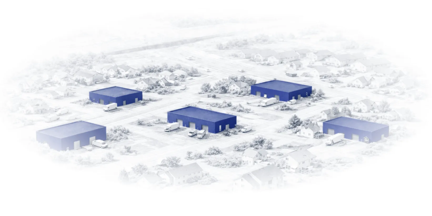Aerial view of a suburban neighborhood with five blue warehouse buildings and several delivery trucks parked nearby.