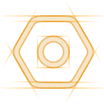 Orange hexagon shape with a circle inside, surrounded by sparkle effects on a white background.