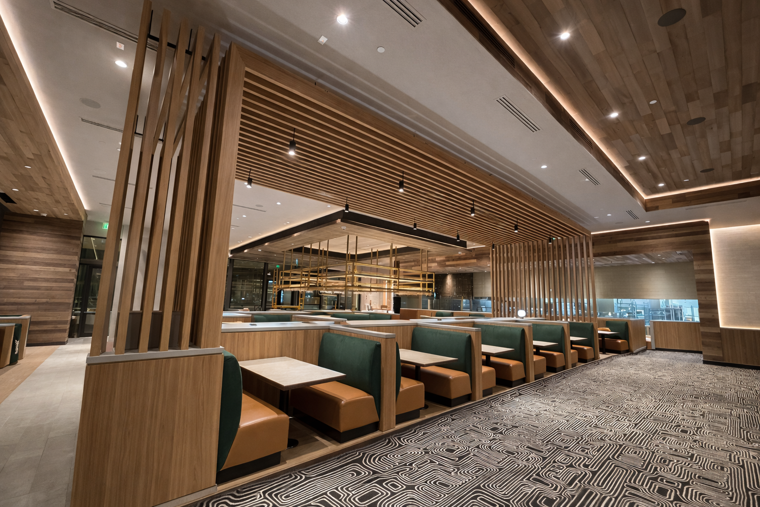 Interior ceiling with exposed wooden beams and metal framework in a building under construction.