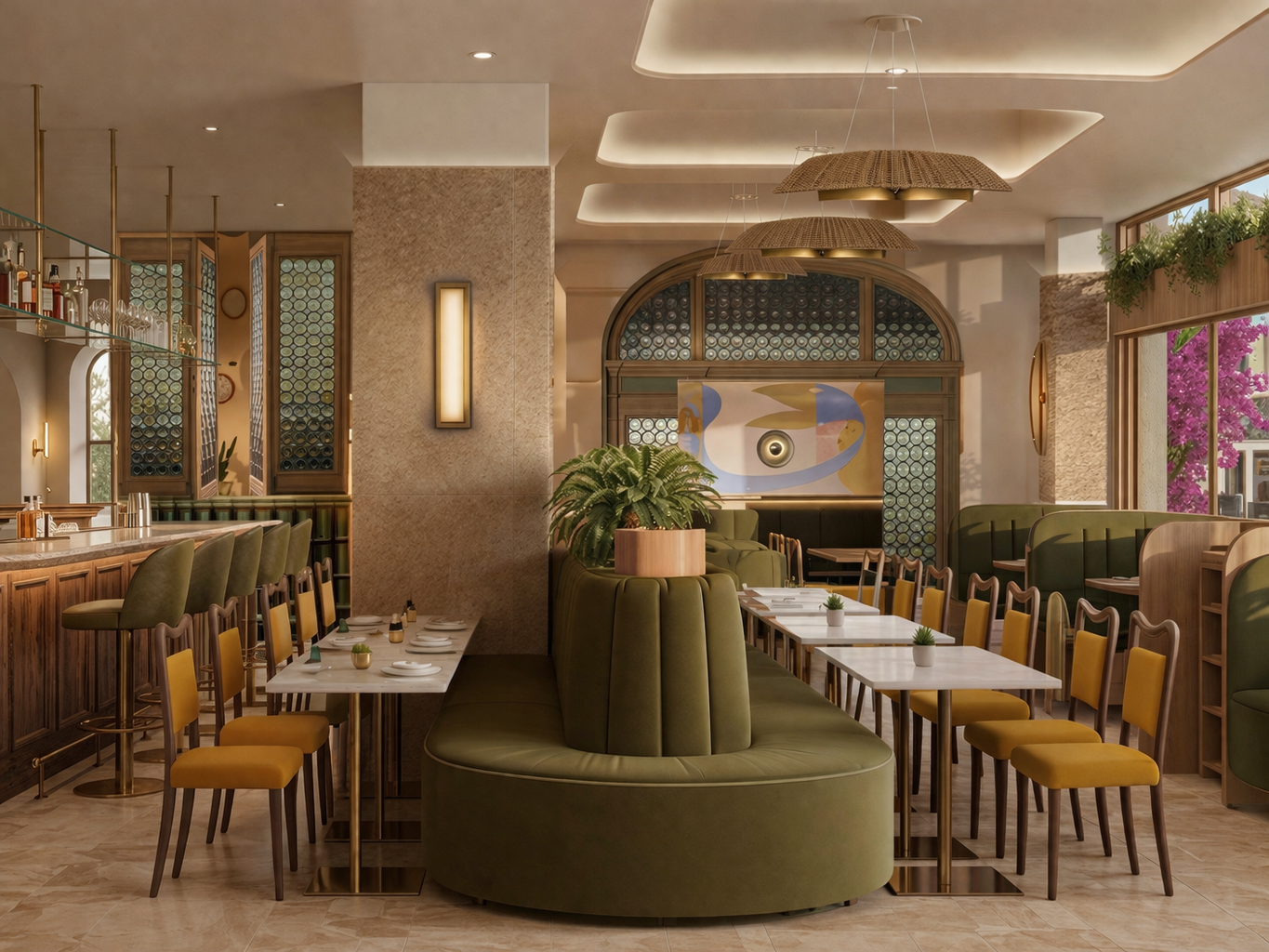 Modern open living room with beige sofas, round coffee table, and kitchen area, opening to outdoor patio with pool and greenery.