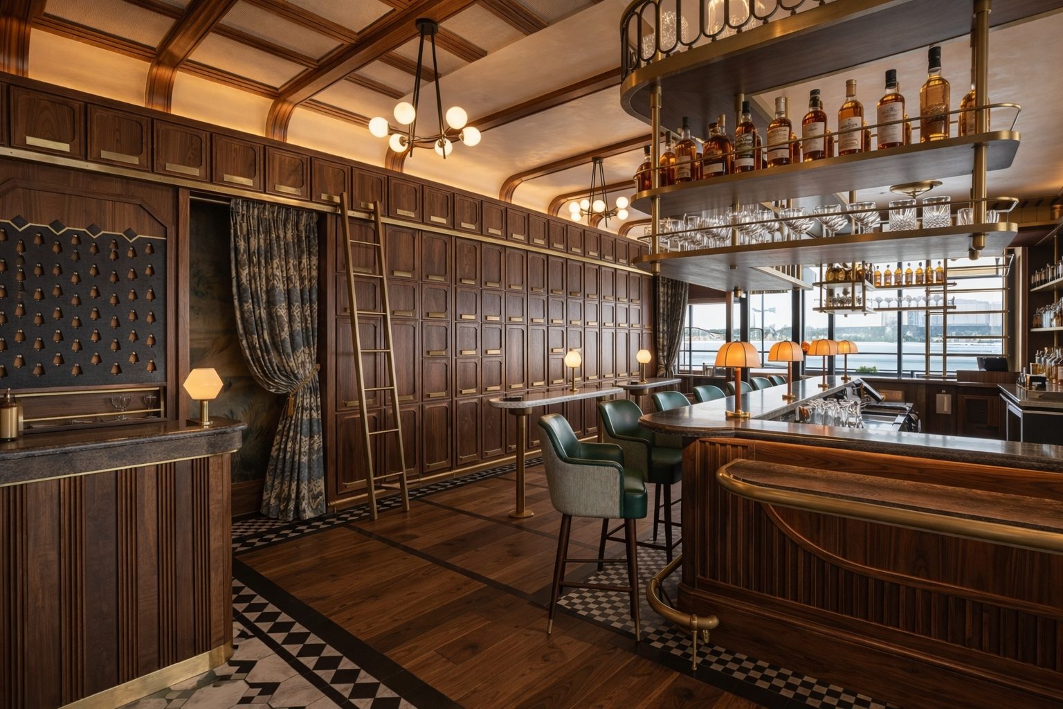 Unfinished wooden cabinetry and shelving units in a workshop with ladders and wood planks.