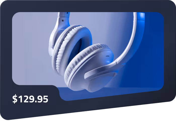 White over-ear wireless headphones displayed against a blue background with a price of $129.95.