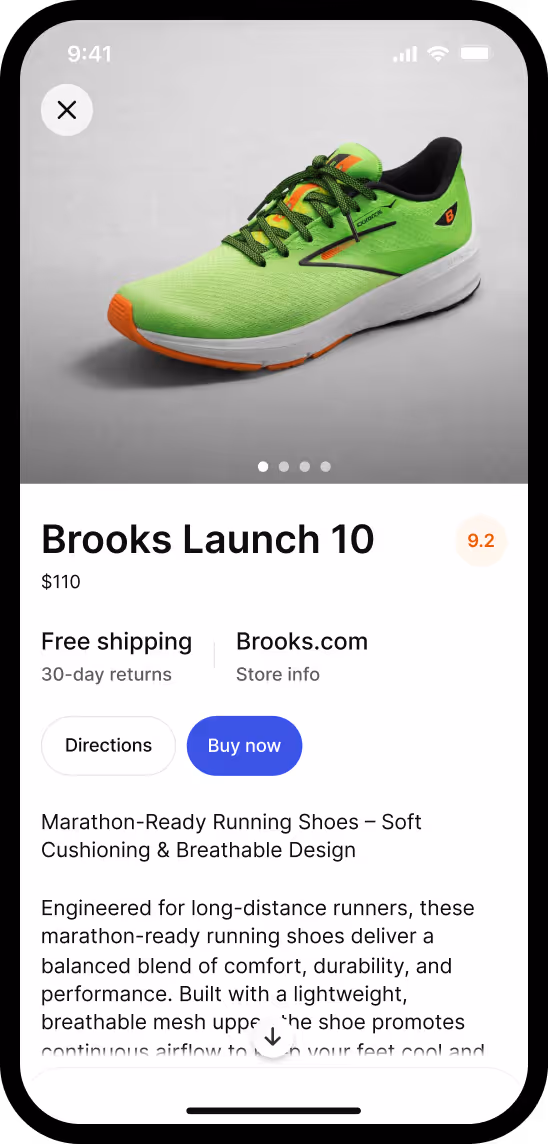 Product page on mobile showing a green and orange Brooks Launch 10 running shoe priced at $110 with a 9.2 rating and options to buy or get directions.