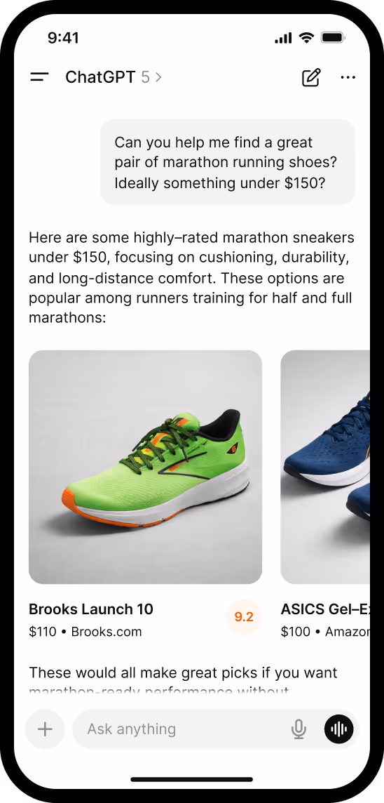 ChatGPT conversation on a phone screen recommending highly-rated marathon running shoes under $150, showing a bright green Brooks Launch 10 shoe priced at $110 with a 9.2 rating.