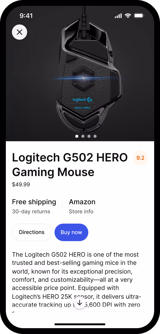 Mobile screen showing Logitech G502 HERO Gaming Mouse product detail page with price $49.99 and buy now button.