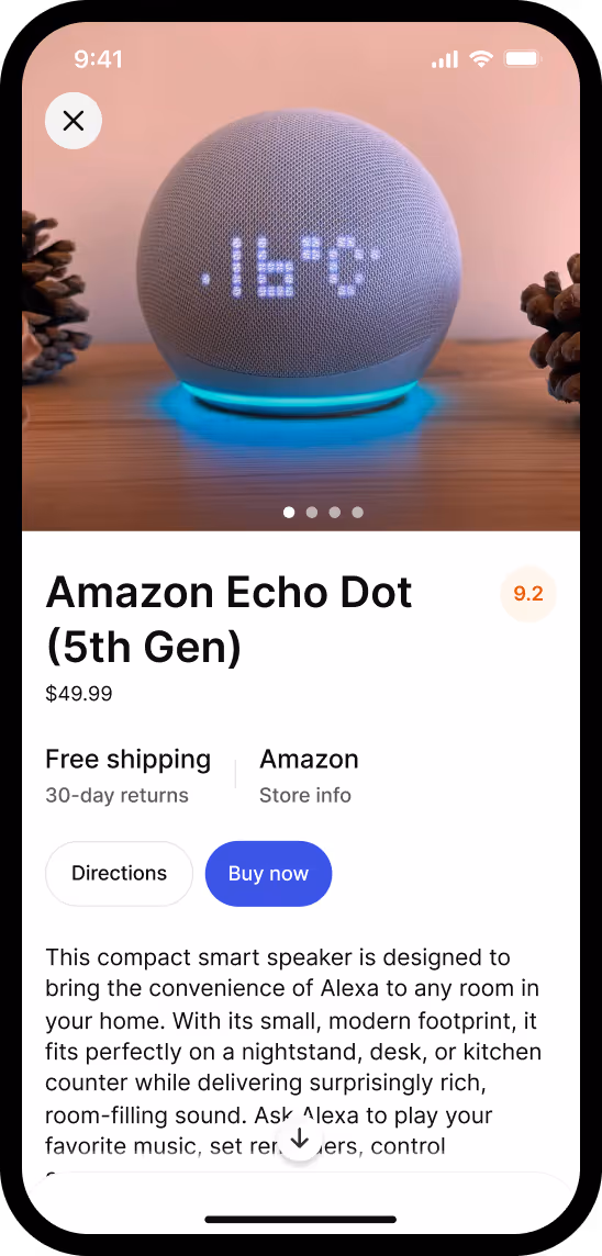 Amazon Echo Dot (5th Gen) smart speaker with LED temperature display, product details, and buy options on a mobile app screen.