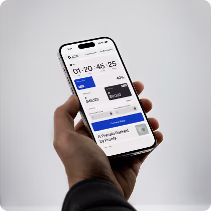 Smartphone held in hand displaying a token presale interface