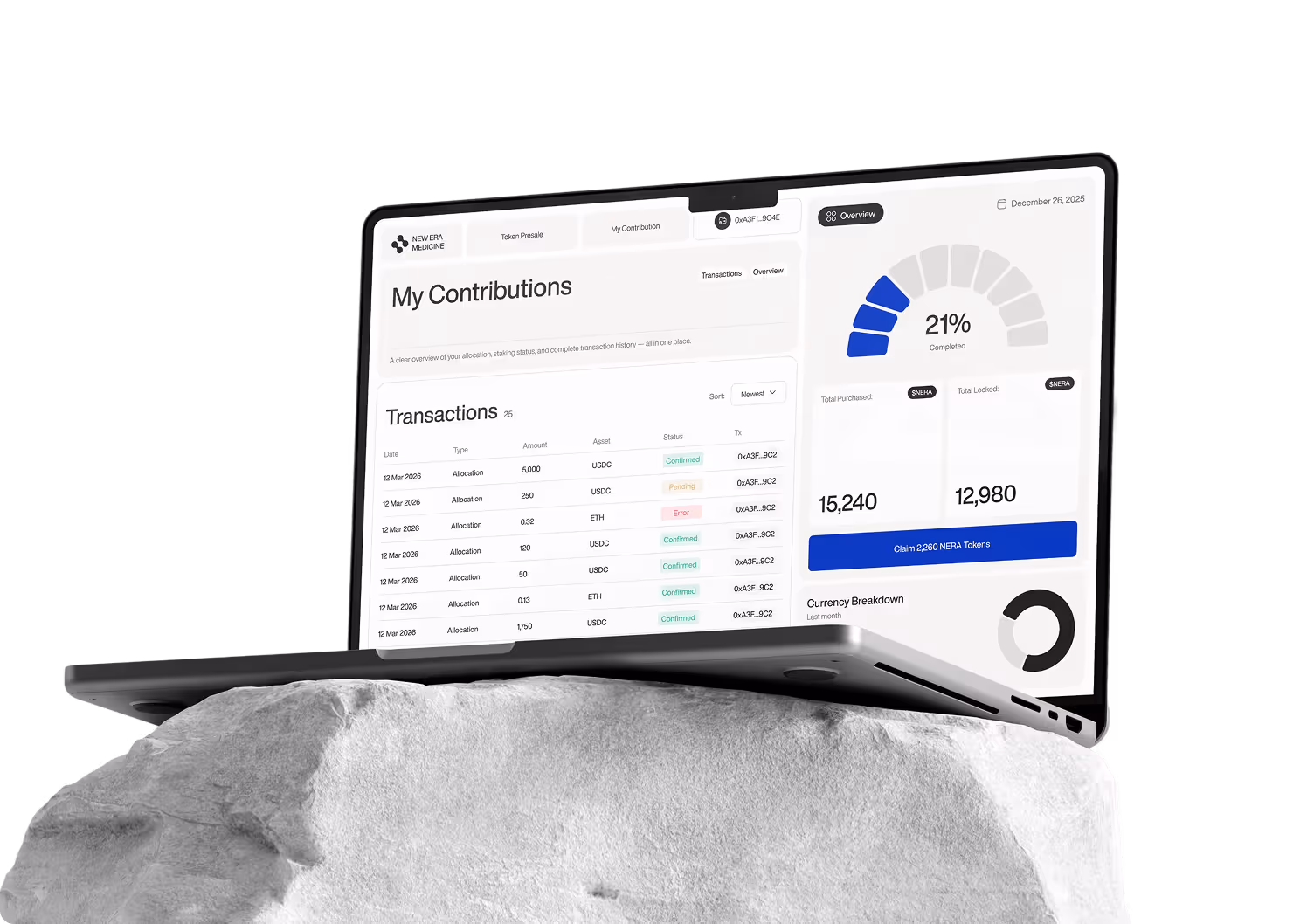 Laptop placed on a stone pedestal displaying a presale platform interface