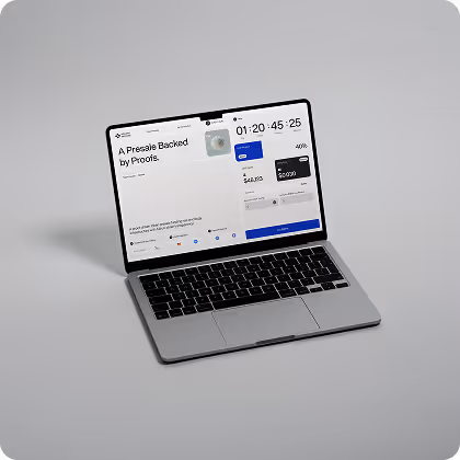 Laptop displaying a token presale dashboard interface on the screen