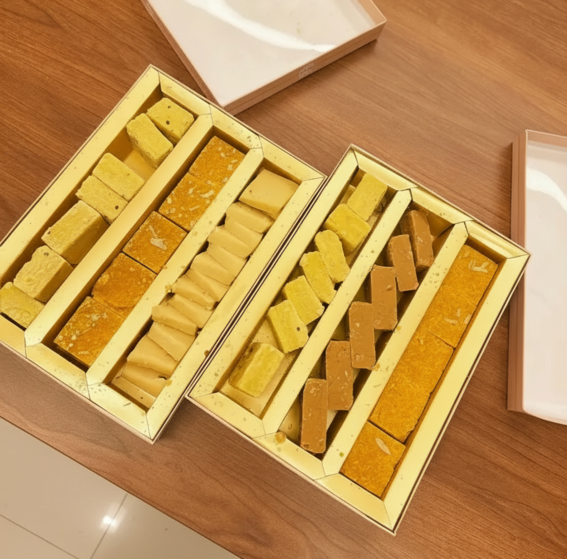 Two open gift boxes on a wooden table containing assortments of rectangular and square Indian sweets arranged in separate compartments.