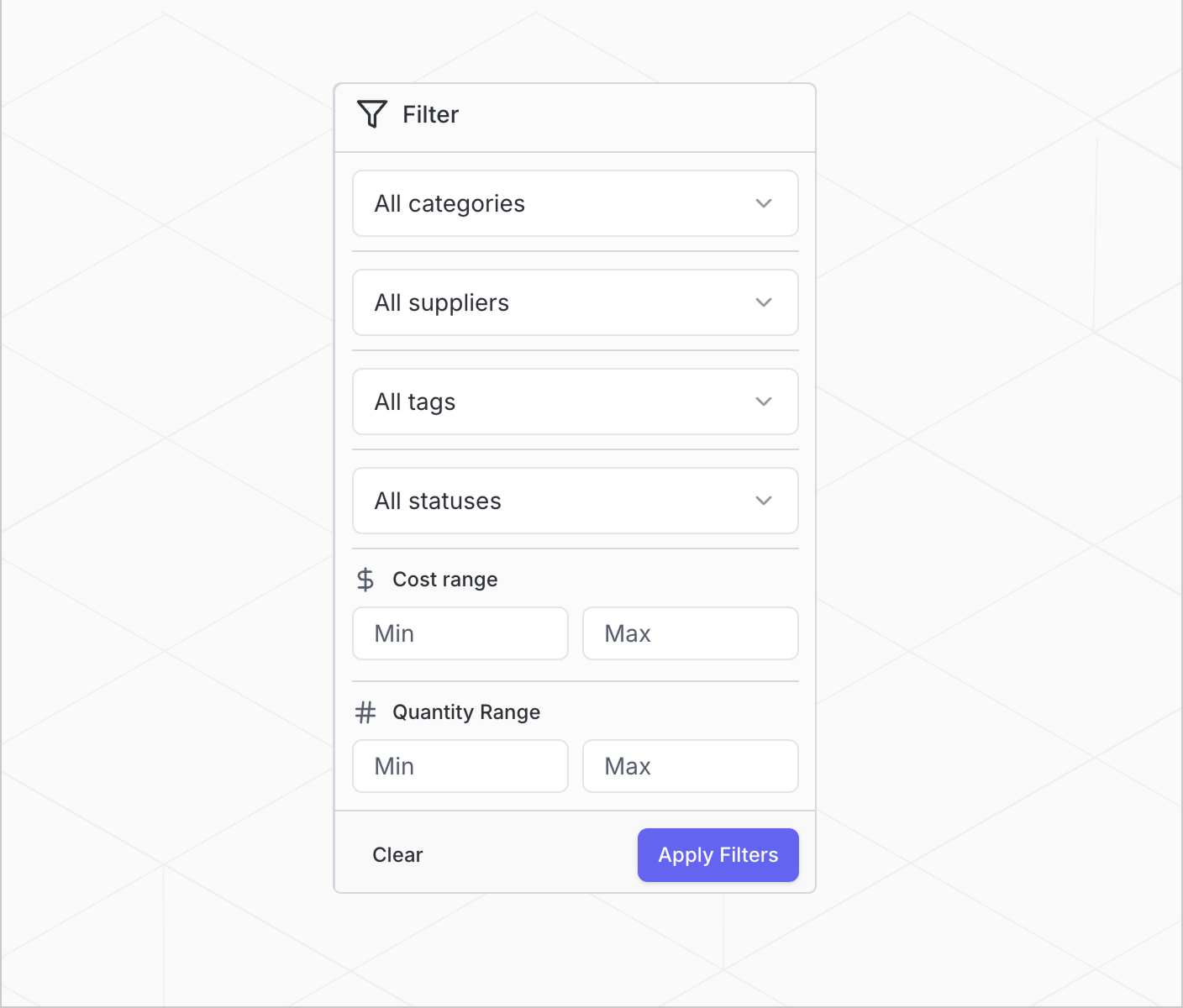 Stash inventory filters for stock status, supplier, category, tags, cost, and quantity