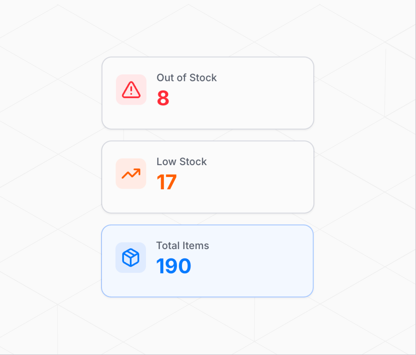 Stash inventory stock-health view highlighting low-stock and out-of-stock items