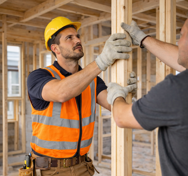 Two men holding up wooden frame