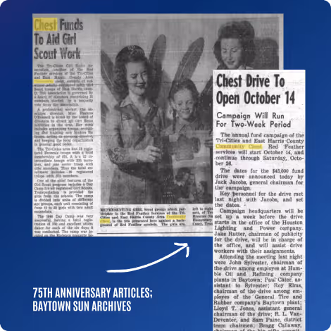 Black and white newspaper clipping featuring a photo of three smiling girls and text about a Chest Drive campaign opening October 14 for Baytown community support.