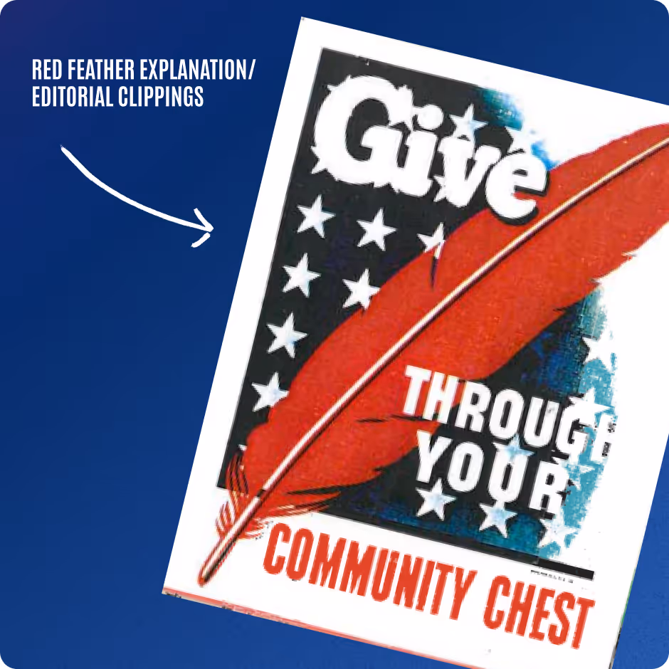Vintage poster with a large red feather and text 'Give through your community chest' on a blue background with white stars.