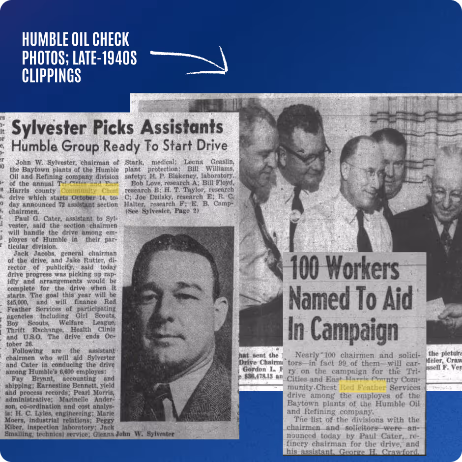 Black and white newspaper clippings from the late 1940s about Humble Oil, featuring an article titled 'Sylvester Picks Assistants' with a portrait of John W. Sylvester and another clipping titled '100 Workers Named To Aid In Campaign.'
