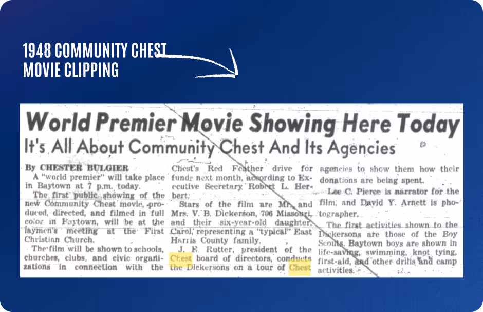 1948 newspaper clipping titled 'World Premier Movie Showing Here Today' about Community Chest and its agencies in Baytown.