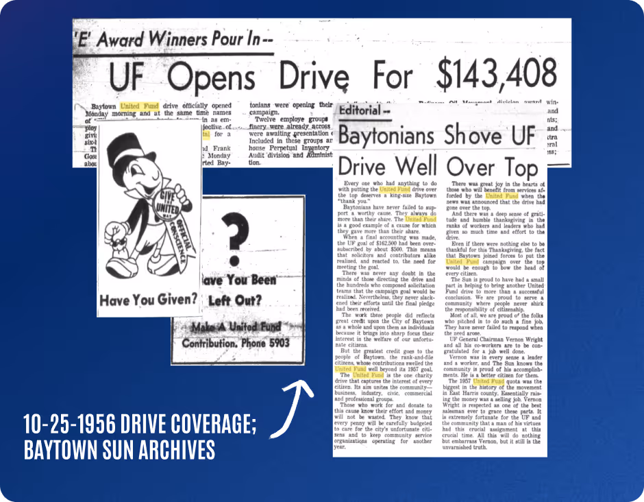 Black and white newspaper clippings from 1956 about the United Fund drive in Baytown, highlighting $143,408 raised, with a cartoon of a character holding a 'Give United' sign and text 'Have You Given?' and 'Have You Been Left Out?'.
