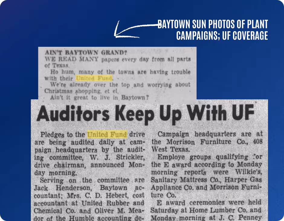 Vintage newspaper clipping titled 'Auditors Keep Up With UF' discussing audits of United Fund drive and campaign activities in Baytown, Texas.