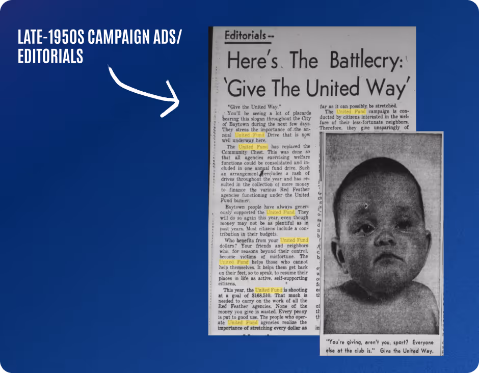 Late-1950s campaign ad editorial titled 'Here's The Battlecry: Give The United Way,' featuring text explaining the campaign and a photo of a baby's face.