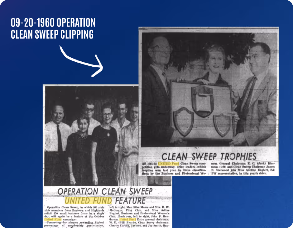 Black and white 1960 newspaper clipping showing group portraits and a Clean Sweep trophies presentation under the heading Operation Clean Sweep.