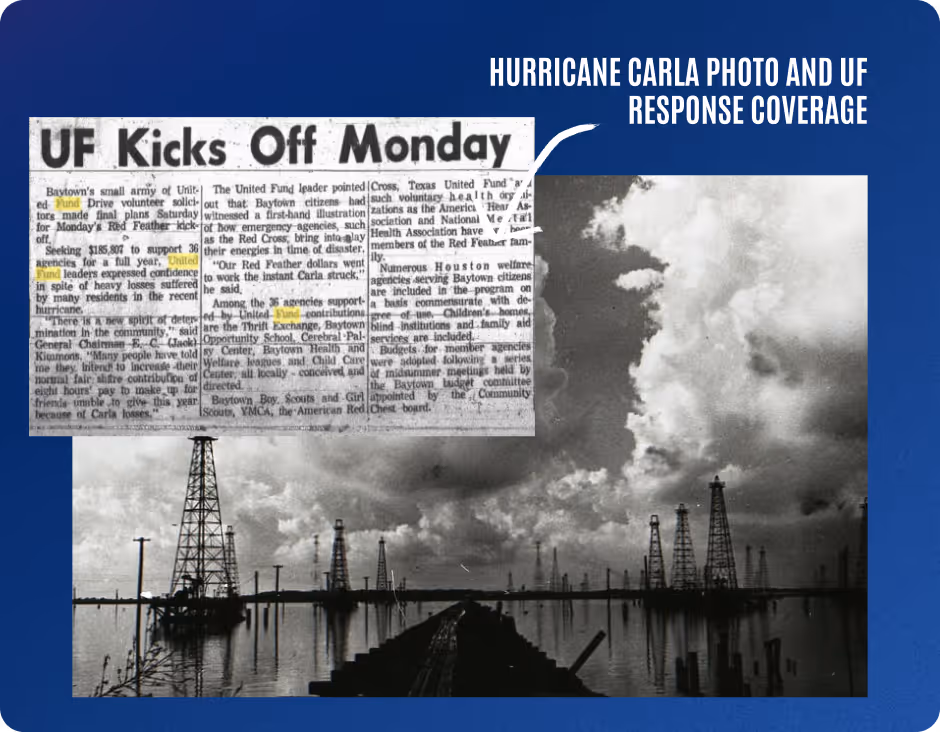 Black and white photo showing a flooded oil field with numerous oil derricks standing in water under a cloudy sky, overlaid with a newspaper clipping titled 'UF Kicks Off Monday' about Hurricane Carla and UF response coverage.