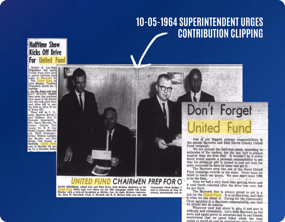 Black and white collage of newspaper clippings about the United Fund campaign, including a photo of four men in suits and text urging contributions dated 10-05-1964.