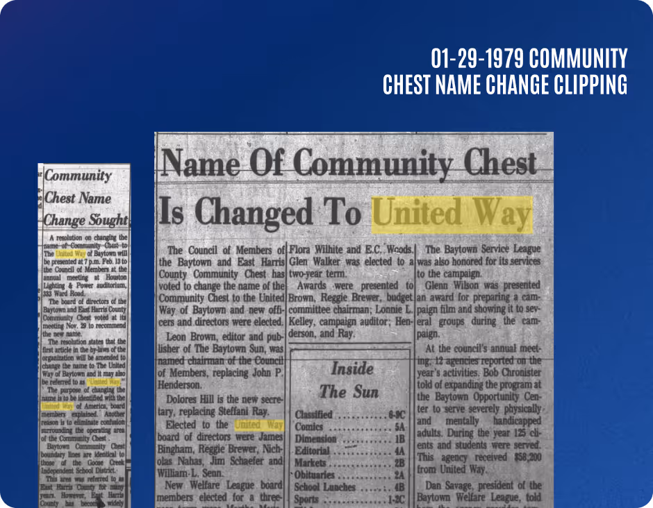 Newspaper clipping from January 29, 1979, announcing the community chest name change to United Way with highlighted text.