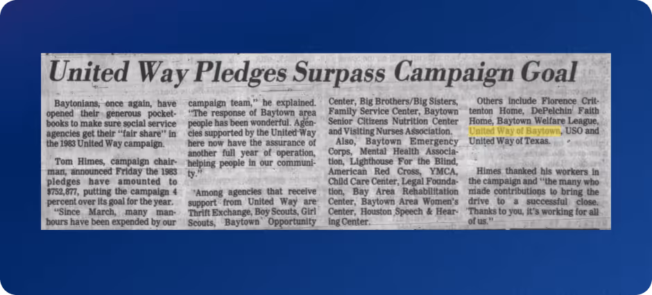 Newspaper clipping titled 'United Way Pledges Surpass Campaign Goal' announcing Baytown's 1983 United Way campaign raising over $752,877 for special service agencies.
