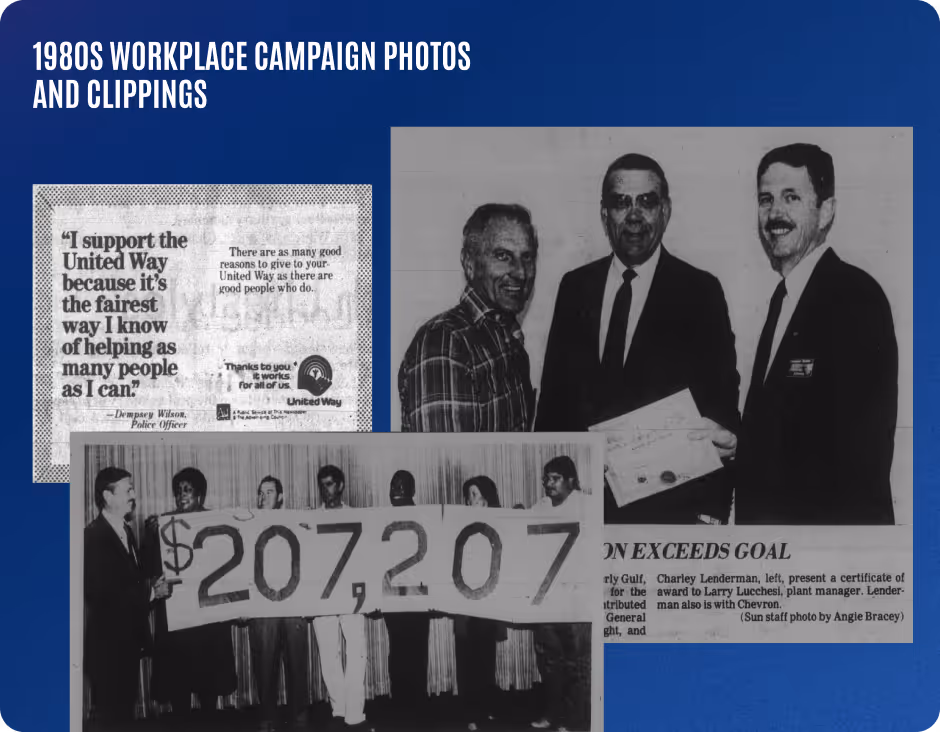 Collage of 1980s workplace campaign photos and clippings including a United Way support message, a black and white photo of three men with an award certificate, and a group holding a large sign showing $207,207.