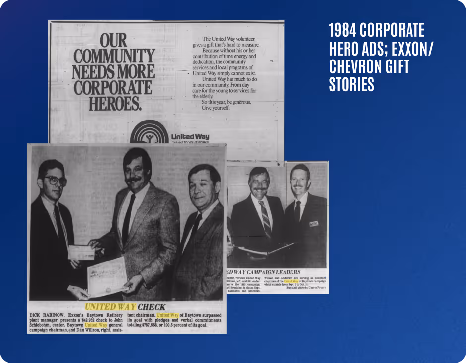 Vintage 1984 newspaper clippings showing United Way corporate hero ads and Exxon/Chevron gift presentations with men in suits.