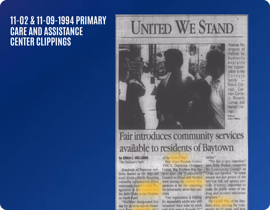 1994 newspaper clipping titled 'United We Stand' showing a community fair in Baytown with a photo of people discussing services and an article about local community support groups.
