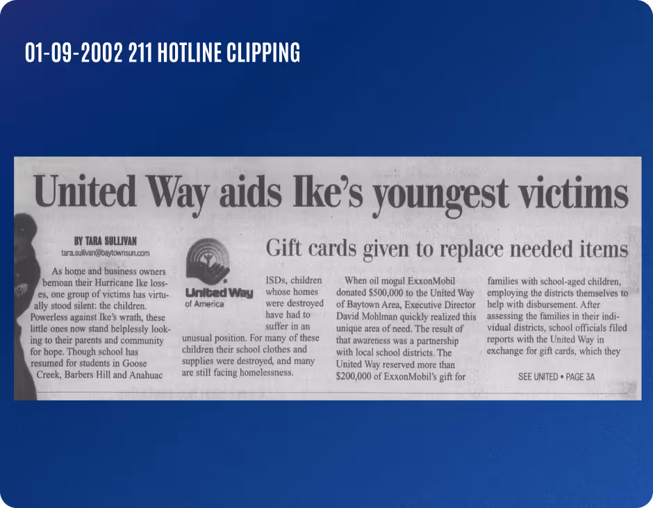 Newspaper clipping titled 'United Way aids Ike’s youngest victims' about gift cards replacing needed items for children affected by Hurricane Ike.