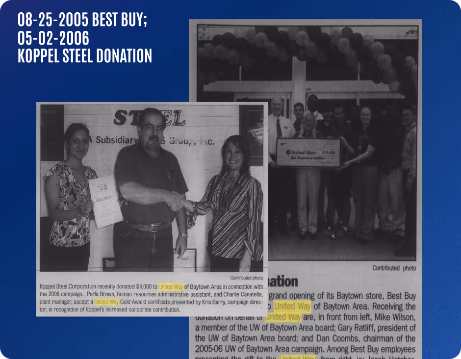 Two black-and-white photos showing Koppel Steel and Best Buy donating to United Way of Baytown Area, with dates 08-25-2005 and 05-02-2006.