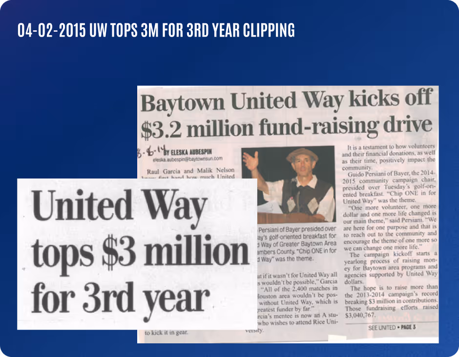 Newspaper clipping titled 'Baytown United Way kicks off $3.2 million fund-raising drive' with an inset headline stating 'United Way tops $3 million for 3rd year'.