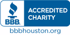 Better Business Bureau accredited charity seal with BBB torch logo and bbbhouston.org text.