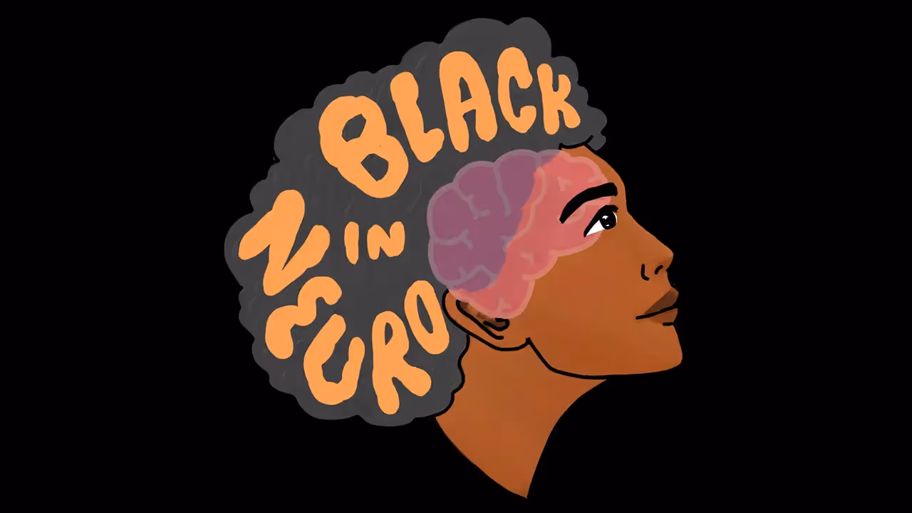 Cartoon rendering of a woman with the words "Back in Neuro" inscribed in her hair