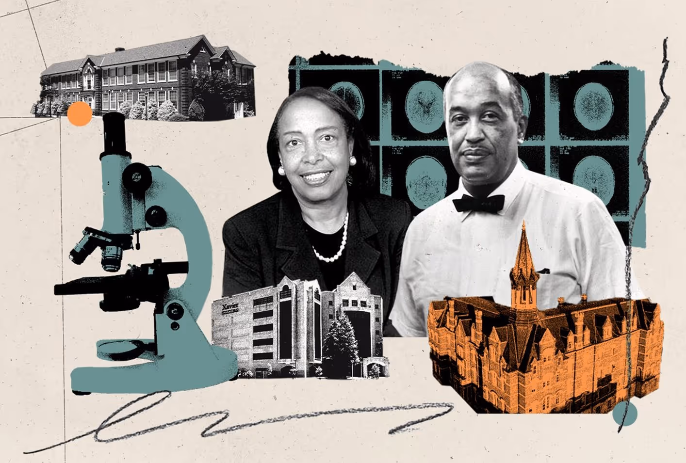 Collage of black researchers, buildings at HBCUs and scientific equipment.