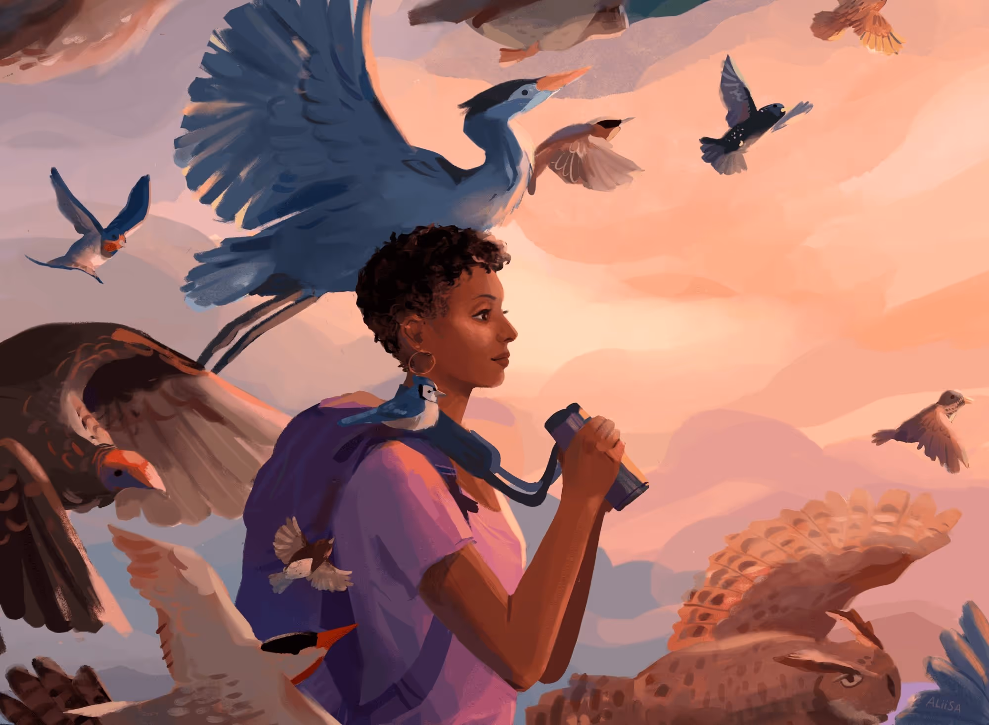 Illustration of a young woman with binoculars gazes at birds flying through a colorful sunset sky