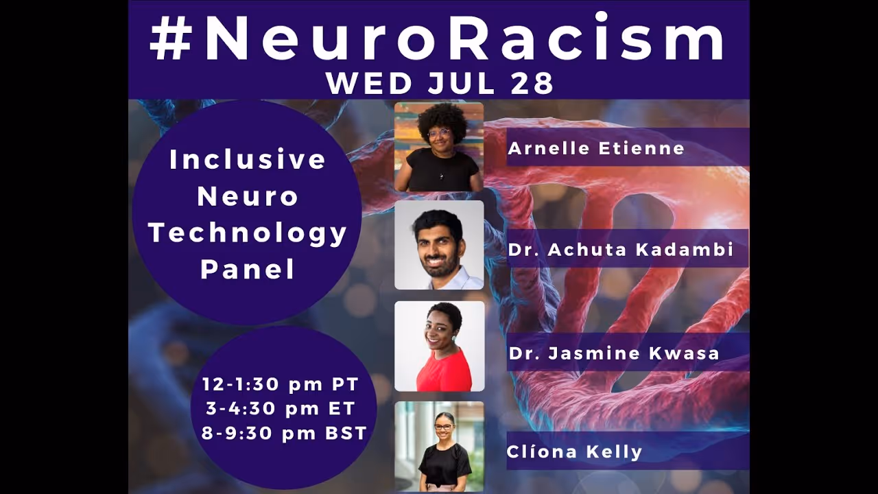 Poster for an inclusive neuro panel with 4 professional headshots of POC neuroscientists and their names