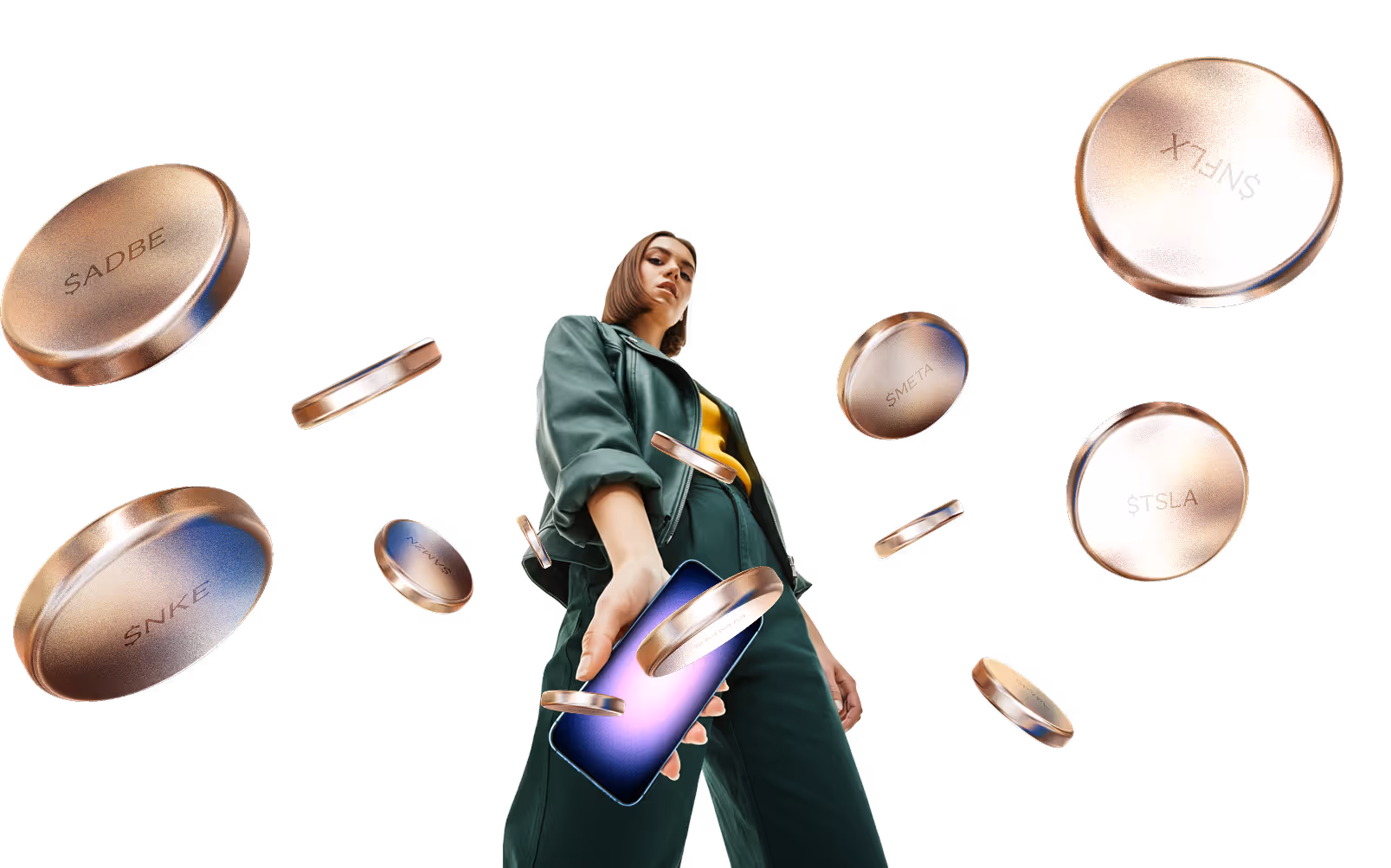 Low-angle view of a woman holding a smartphone with floating digital coins around her.