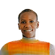 Smiling man wearing a yellow and orange striped sweater.