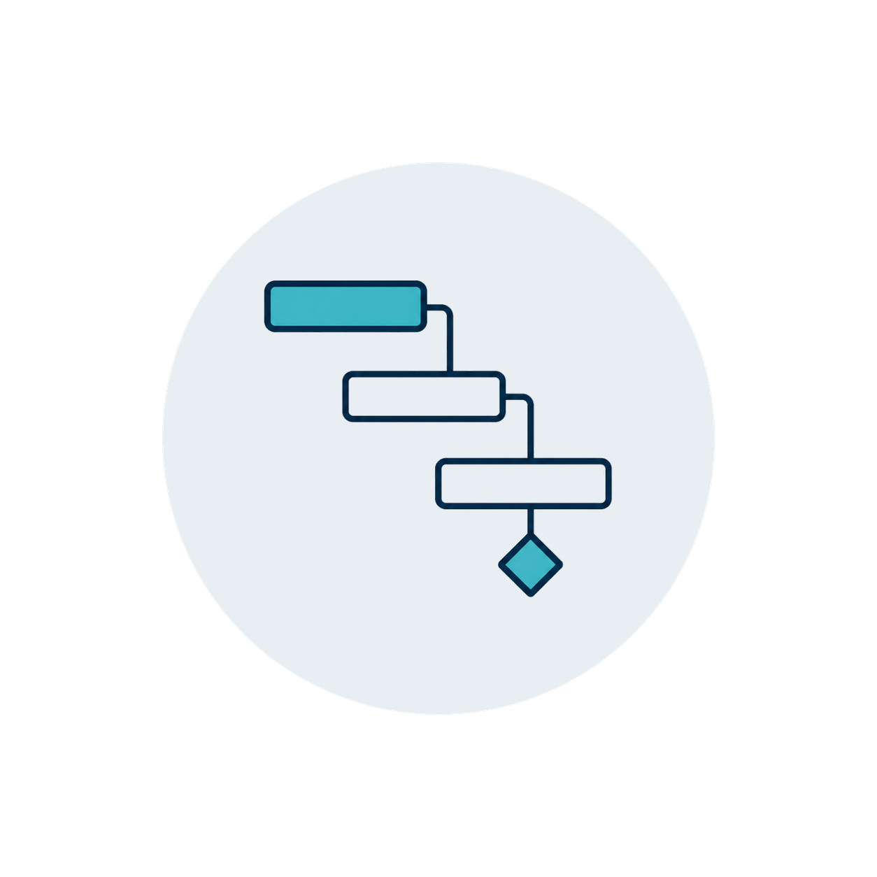 Simplified Gantt chart icon with three horizontal bars and one diamond shape on a light circular background.