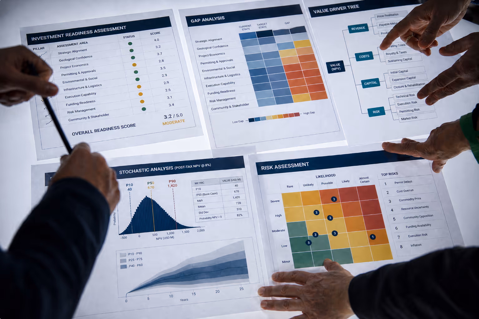 Hands pointing at investment readiness, gap analysis, value driver, stochastic, and risk assessment charts on paper.