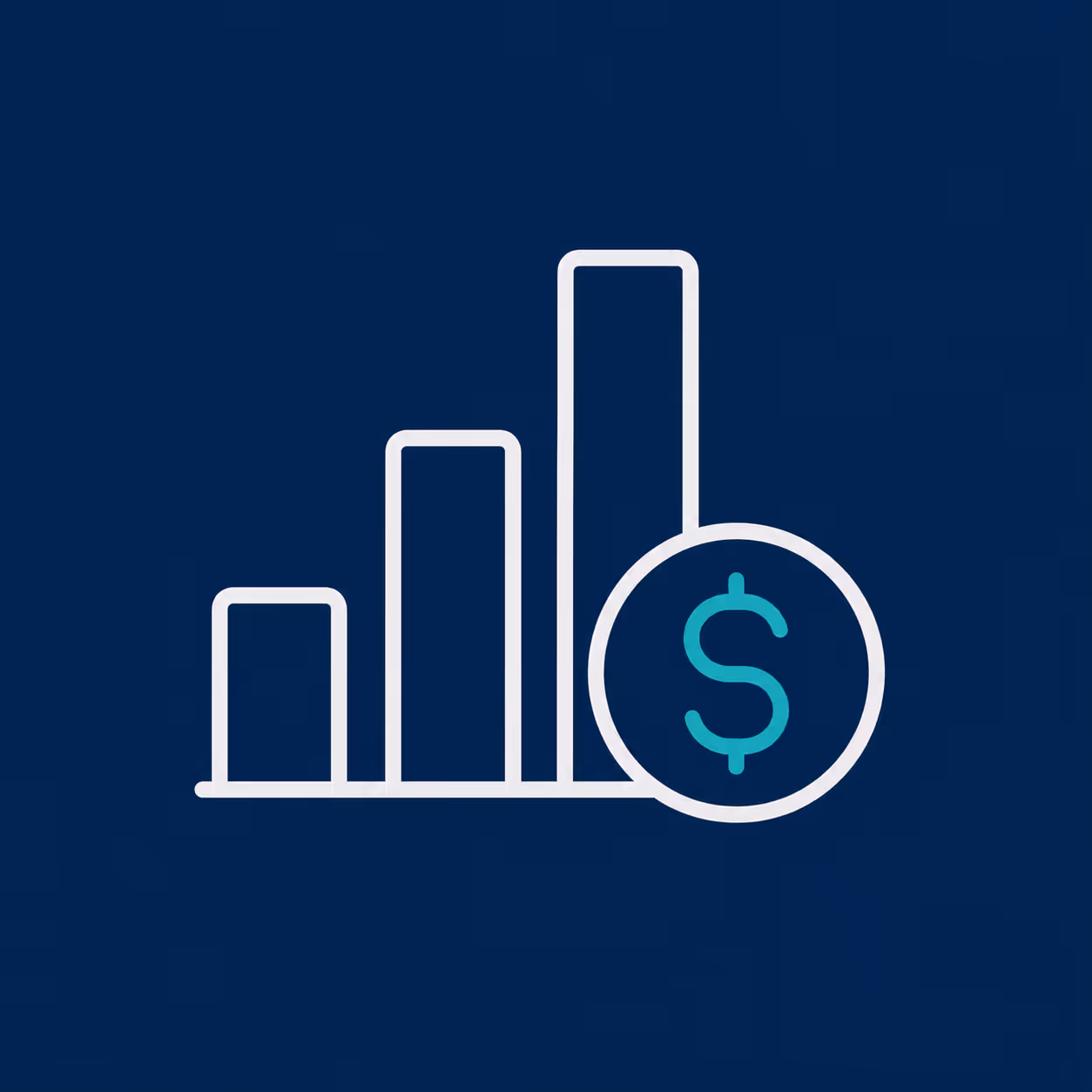 Bar chart with increasing columns and a circle showing a dollar sign symbolizing financial growth.