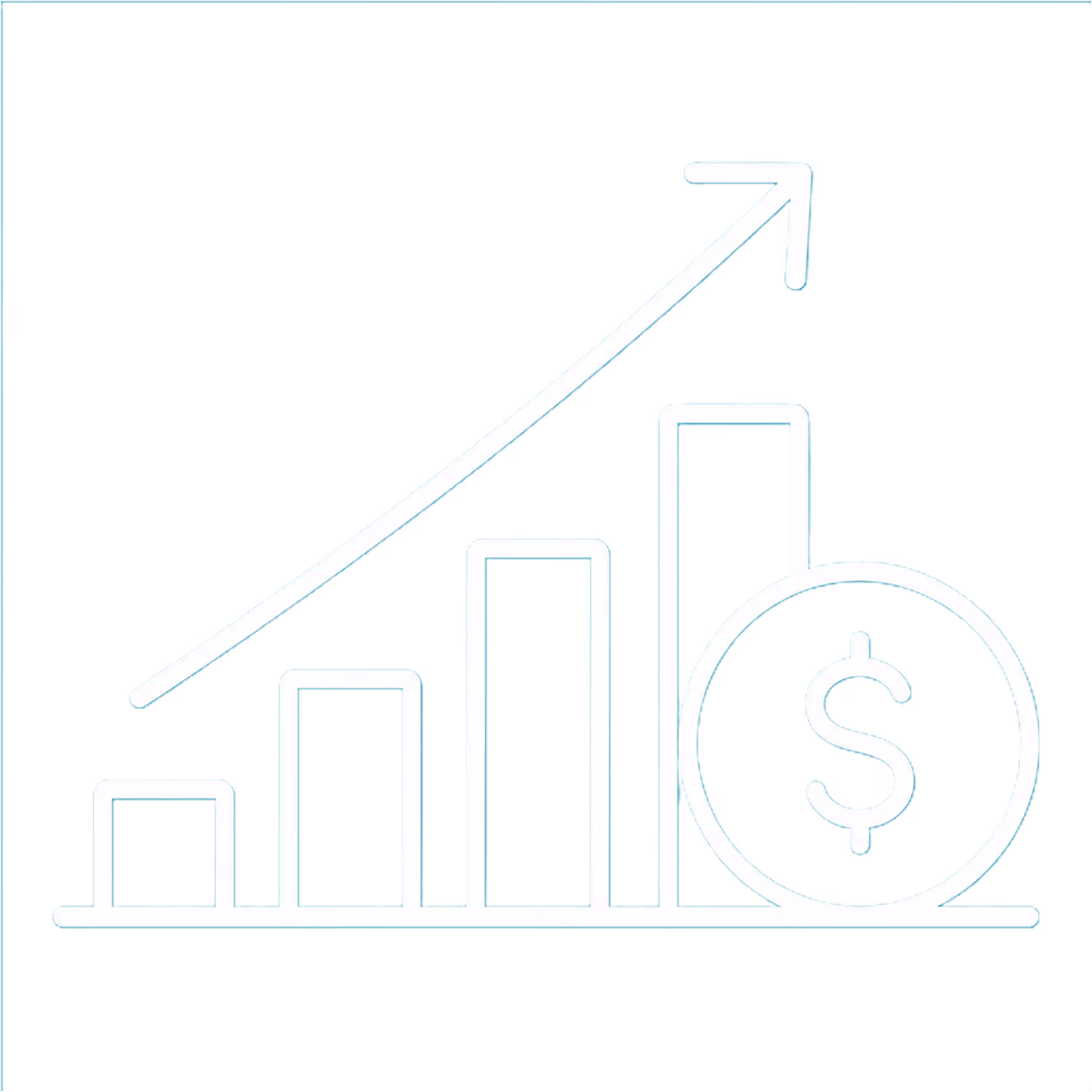 Icon of a bar chart with ascending bars from left to right and an upward trending arrow above, with a circle containing a dollar sign in front of the tallest bar, symbolizing rising costs or increasing financial growth.